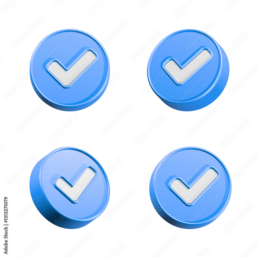 Aufkleber checkmark icon 3d blue color button rendering
