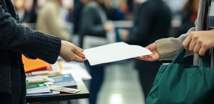 Hands exchanging credit card and documents at a busy job fair booth, business networking and career opportunities concept. Green-themed stationery supplies, internship posters, and professional intera