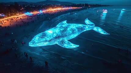 Fototapeta premium Breathtaking drone light show featuring giant whale at beach night time aerial view coastal celebration