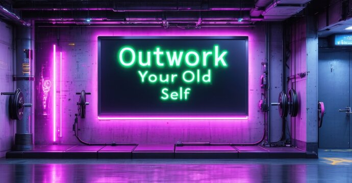 Naklejki Cyberpunk city billboard with outwork your old self in neon green and electric purple mounted inside high performance ai driven fitness studio