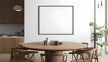 Modern Dining Room With Wooden Table And Blank Artwork