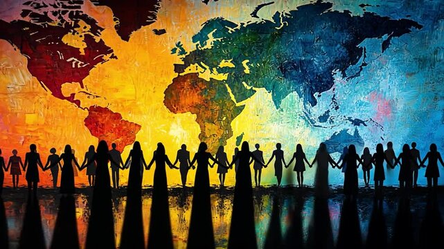 Global Unity: A vibrant and colorful world map is depicted, with silhouetted figures of diverse people holding hands in unity and solidarity, symbolizing peace and understanding across the globe.