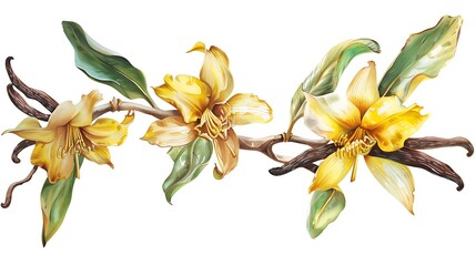 Vanilla flowers and vanilla beans isolated on a white background