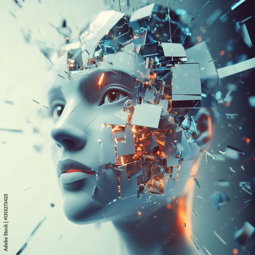 Poster a fragmented, futuristic head composed of shiny shards, symbolizing the intersection of technology a