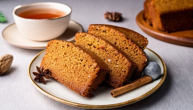 slicesof ginger cake on a plate with a cup of tea at the side