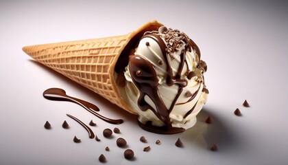 a chocolate dipped waffle cone filled with soft serve ice cream topped with mini chocolate