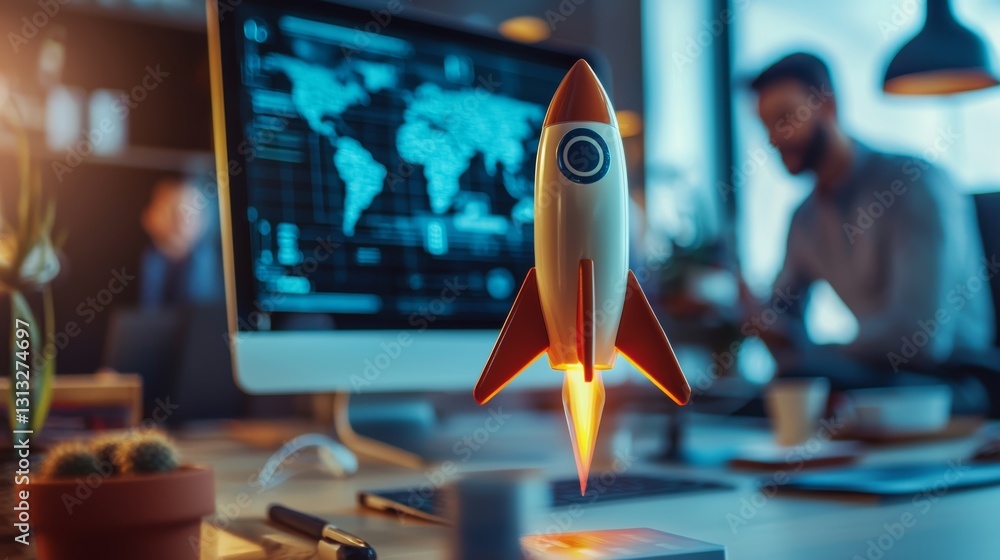 Poster a modern workspace featuring a rocket launching above a computer, symbolizing innovation and technol