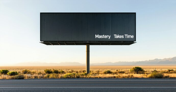 Naklejki Minimalist steel billboard with mastery takes time in obsidian black and bright silver placed near open road disappearing into golden horizon