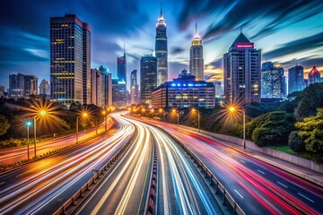 Fototapeta premium Long Exposure City Lightscape at Night, Urban Blurred Motion, Glowing Skyline, Night Photography, Cityscape