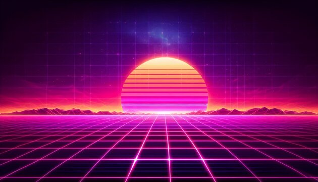 Retro synthwave background with glowing neon grid sunset horizon and vibrant pink purple futuristic 80s nostalgic digital aesthetic