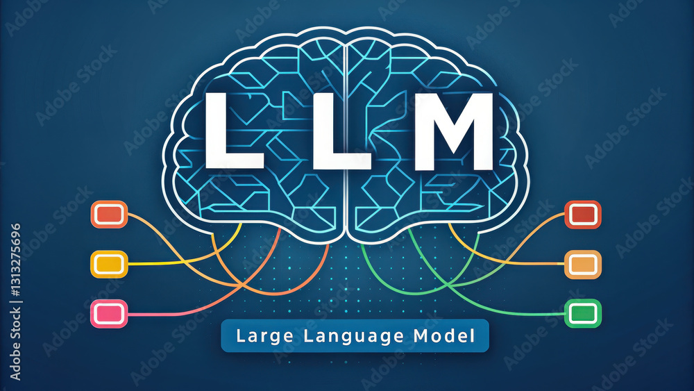 Poster large language model logo with brain illustration and colorful connections , large language model - 