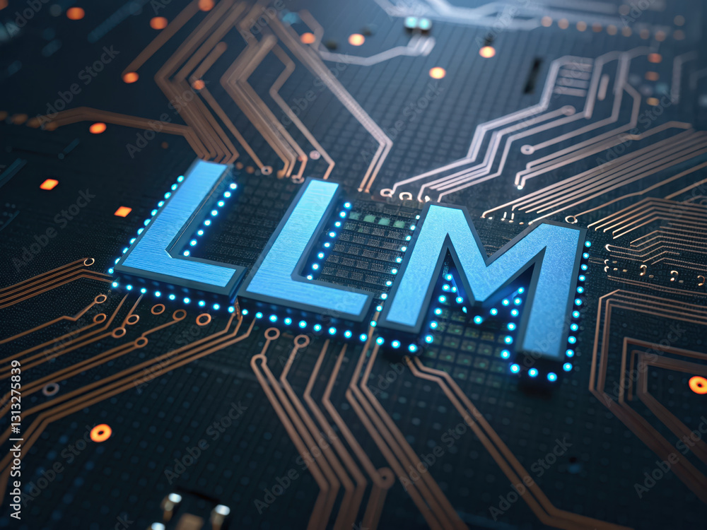 Poster llm technology on circuit board with glowing elements and connections , large language model - llm