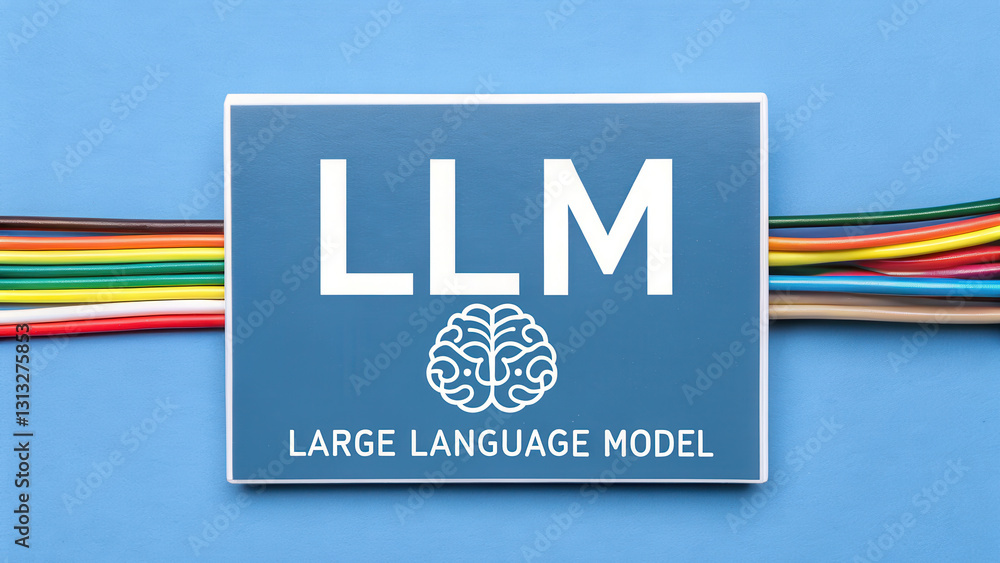 Aufkleber llm logo with brain design and colorful wires on blue background , large language model - llm