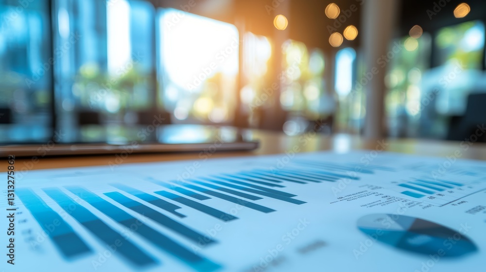 Poster a close-up view of financial charts and graphs on a desk, with soft sunlight illuminating a modern w