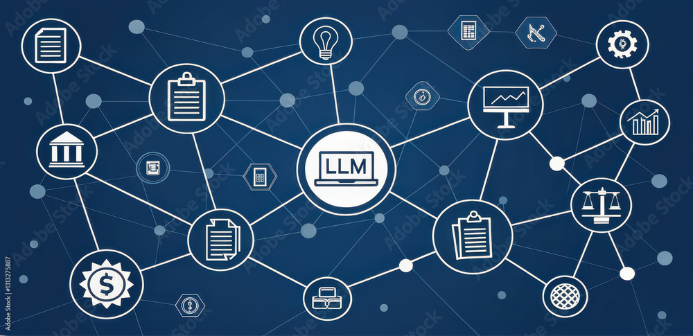 Poster network of icons representing various applications of llm technology, showcasing connections. , larg