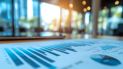 A close-up view of financial charts and graphs on a desk, with soft sunlight illuminating a modern workspace.