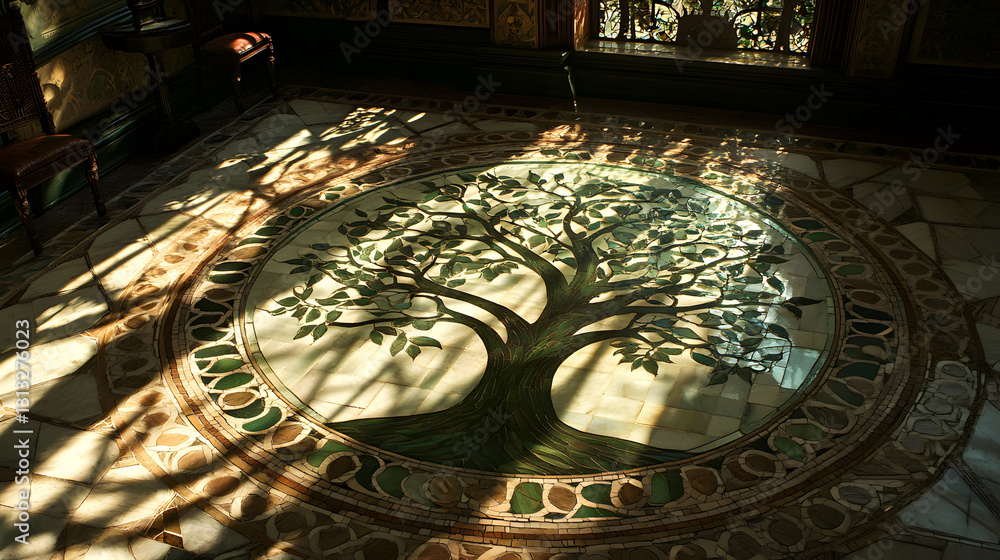 Poster sunlit mosaic floor features a central tree of life design. intricate details and ornate border surr