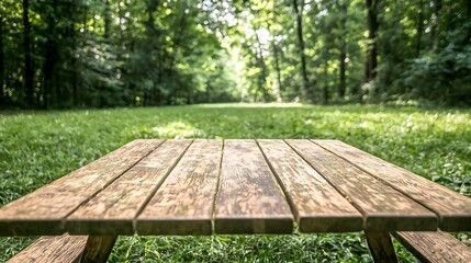 Fototapeta premium Relaxing picnic table under trees forest clearing nature photography lush green environment low angle view outdoor serenity