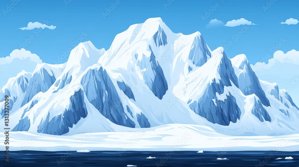 Poster pixelated glacial scenery featuring frozen peaks a digital rendering with mountain range under a blu