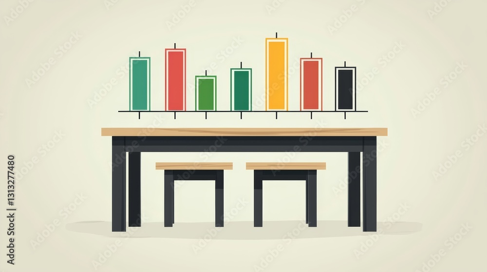 Poster a minimalist illustration depicting a table with colorful bar charts, representing data analysis or 