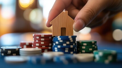 Naklejka premium Wooden house on casino chips symbolizing gambling risk