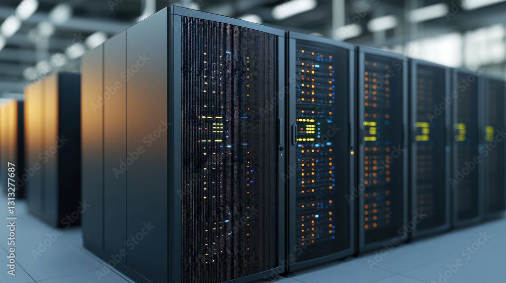 Poster high tech server room with multiple data storage units and glowing lights