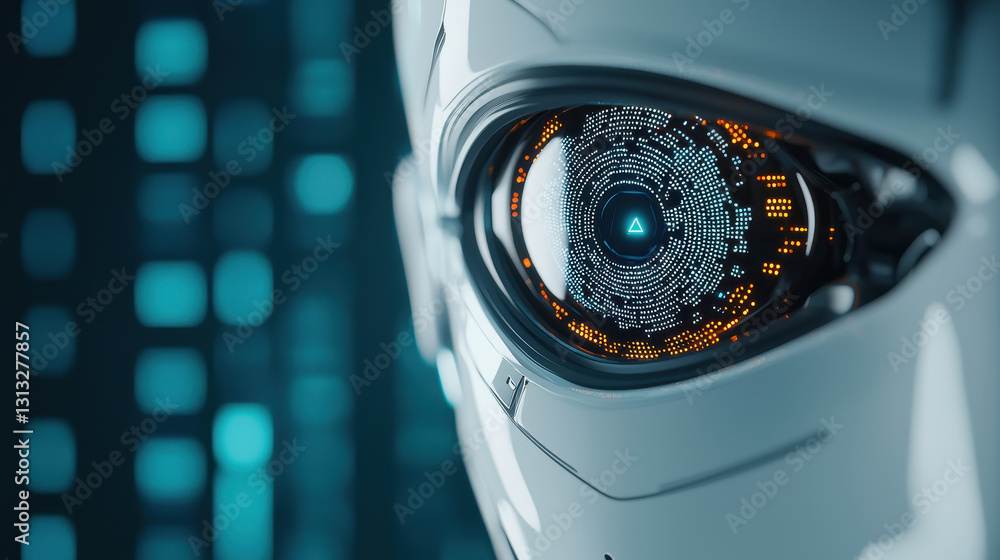 Poster close up of futuristic robotic eye with intricate digital patterns, showcasing advanced technology a