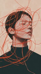 Portrait of a Person with Red Lines Creating a Web of Enclosure and Reflection