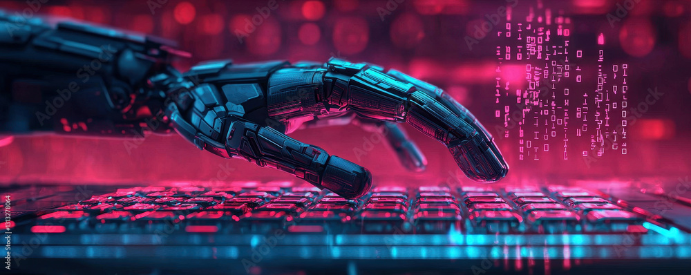 Poster robotic hand typing on keyboard with digital data flowing around