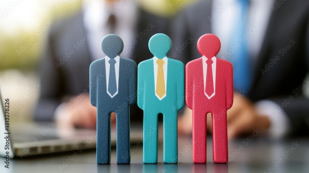 Poster three colorful figurines representing diverse professionals stand in front of a blurred background, 