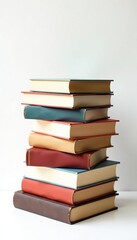 Several hardcover books in mid-air, clean white background, hardback, concept, vertical