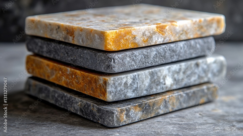 Poster stack of four elegant stone coasters showcasing unique textures and colors on a gray surface