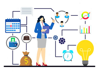 Business intelligence concept. A woman explaining things to obtaining analytical information for making strategic business. Problem solving, management tools, enterprise strategy development. 