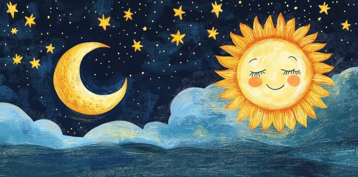 Animated sun and moon with clouds and twinkling stars