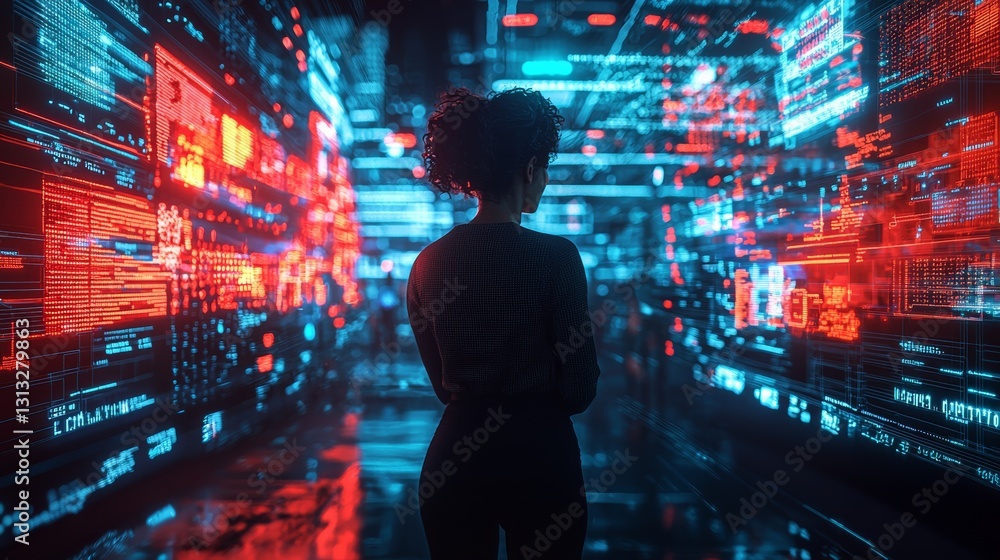 Poster a silhouette of a person stands in a futuristic digital environment filled with vibrant red and blue