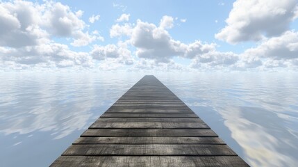 Obraz premium Serene Wooden Dock Extending into Calm Reflective Water Landscape