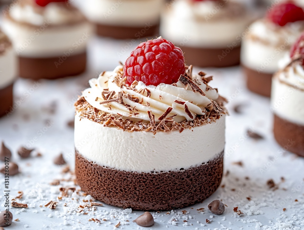 Poster tempting chocolate and vanilla mousse cake topped with raspberries and delicate chocolate shavings o