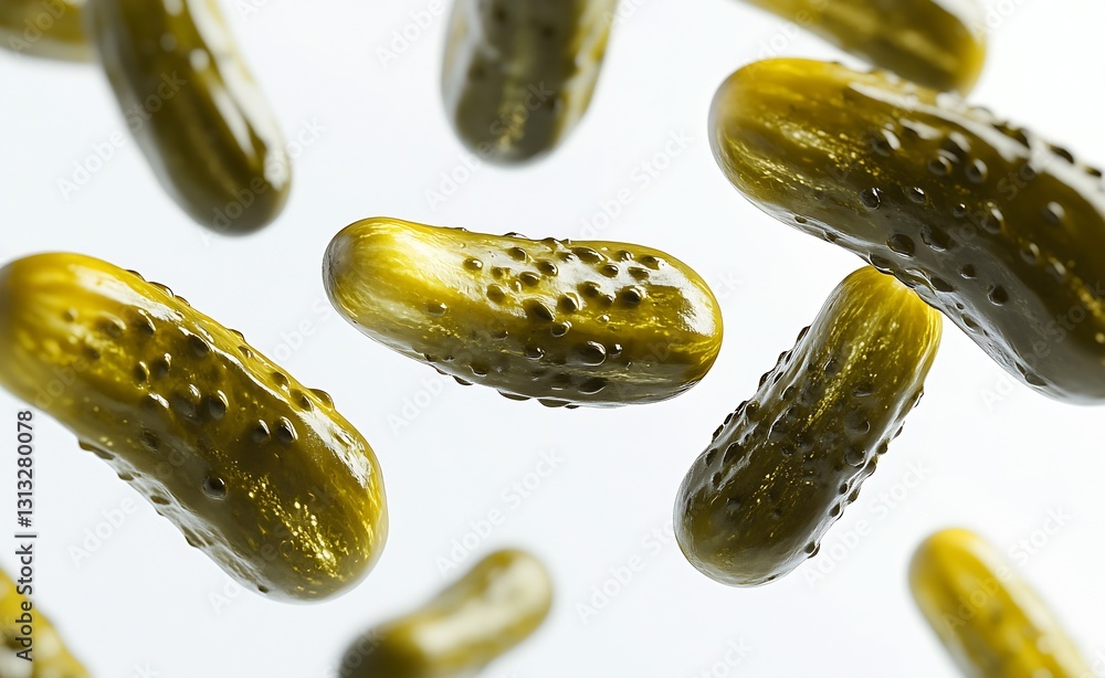 Aufkleber fresh and crispy pickles floating in the air captured in a dynamic and vibrant food photography styl