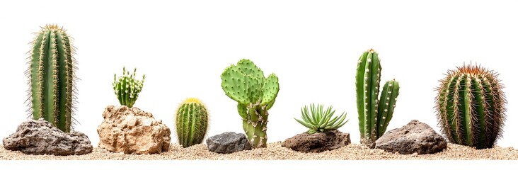 A vibrant lineup of various cacti displayed on sandy soil highlighting diversity in shape and texture under bright light : Generative AI