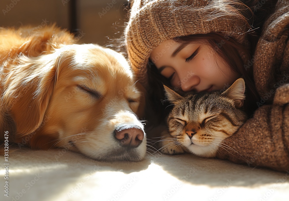 Poster cozy scene of a woman snuggling with a golden retriever and a tabby cat in warm light : generative a