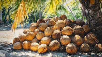 Fototapeta premium A pile of young coconuts with their husks intact, freshly harvested and stacked under the shade of a palm tree. The earthy tones contrast with the bright tropical surroundings.