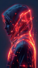 Fototapeta premium The person wearing a hood glows with vibrant red energy