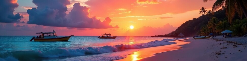 Fototapeta premium Vibrant Caribbean sunset; colorful fishing boats ashore , yellow, sunset