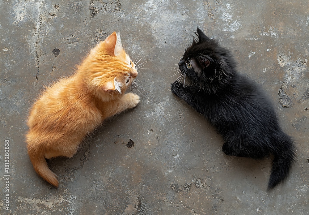 Poster two adorable playful kittens exploring their surroundings on a rustic floor : generative ai