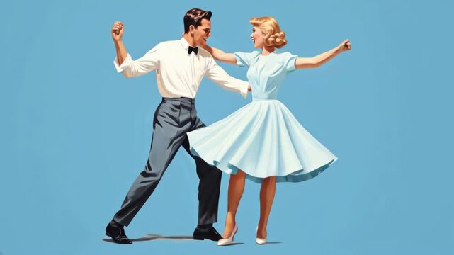 A retro couple joyfully dances in vintage clothing against a blue backdrop, capturing a nostalgic vibe. Video shot from a side angle.
