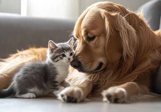 Playful Interaction Between a Grey Kitten and a Loving Golden Retriever at Home : Generative AI