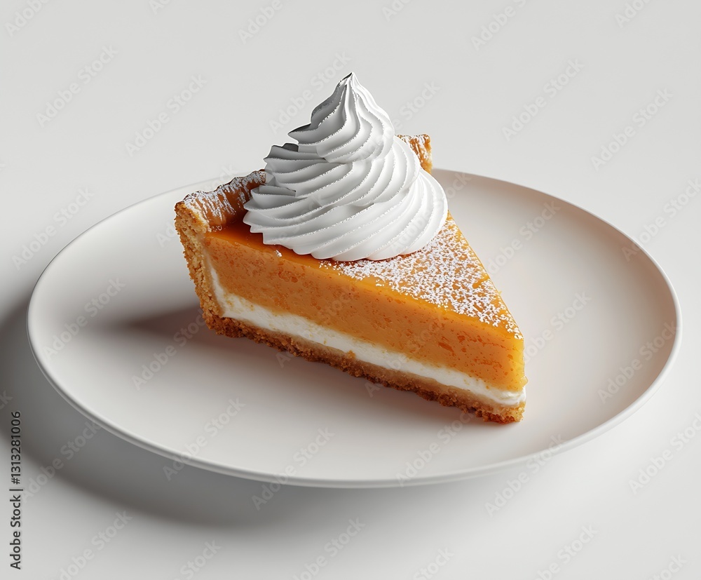 Poster Creamy Pumpkin Pie Slice with a Swirl of Whipped Cream and a Smooth Texture on a Plate : Generative AI