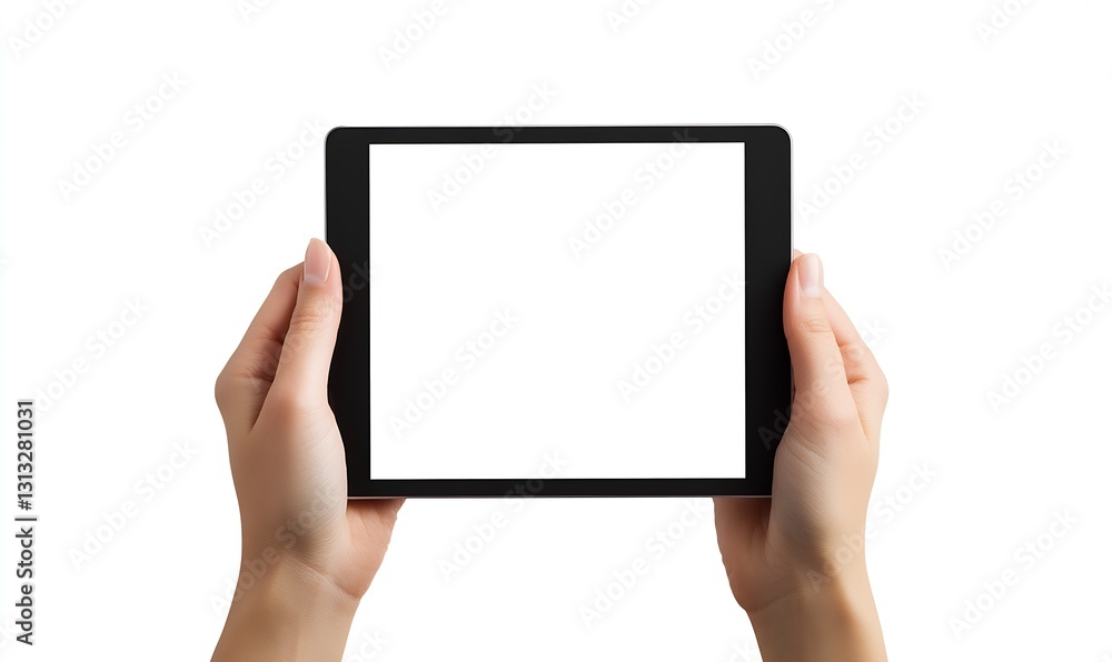 Poster hands holding a modern tablet with a blank screen against a white background ideal for showcasing de