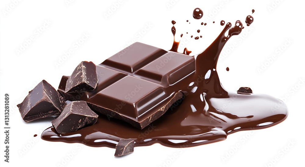 Poster rich dark chocolate bar with splashes of melted chocolate and broken pieces around it : generative a