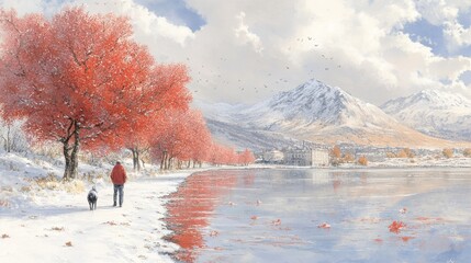 Winter scenery with snowy mountains and red leaf trees reflecting on lake wintertime landscape capturing holiday joy and familial ties